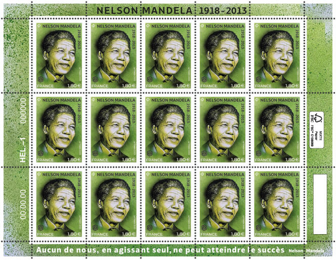 Nelson Mandela stamp: creation C215.  Layout by Bruno Ghiringhelli.  Engraving: Elsa Catelin.