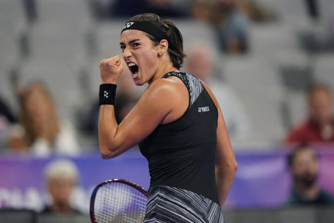 French Caroline Garcia celebrates after her victory over Daria Kasatkina in the third round at the WTA Masters in Fort Worth (Texas), in the United States.  November 5, 2022.
