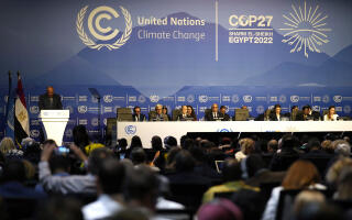 Sameh Shoukry, president of the COP27 climate summit, left speaks during an opening session at the COP27 U.N. Climate Summit, Sunday, Nov. 6, 2022, in Sharm el-Sheikh, Egypt. (AP Photo/Peter Dejong)