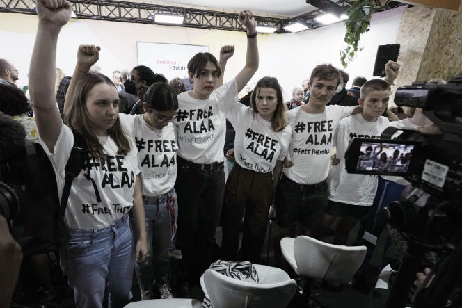 Acción para pedir la liberación de Alaa Abdel-Fattah, durante la COP 27, Sharm El-Sheikh, Egipto, martes 8 de noviembre.