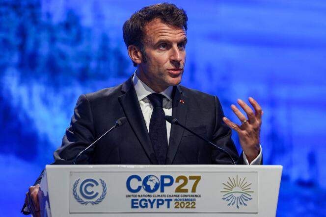Emmanuel Macron à la tribune de la 27e conférence mondiale sur le climat (COP27), à Charm El-Cheikh (Egypte), le 7 novembre 2022.