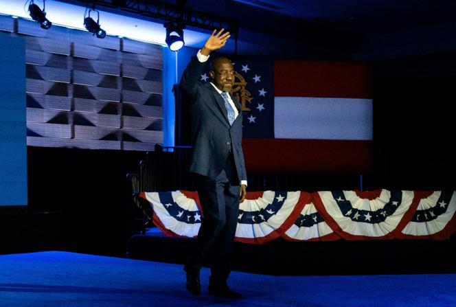 The incumbent Democrat senator for Georgia, Raphael Warnock, at an election night event in Atlanta