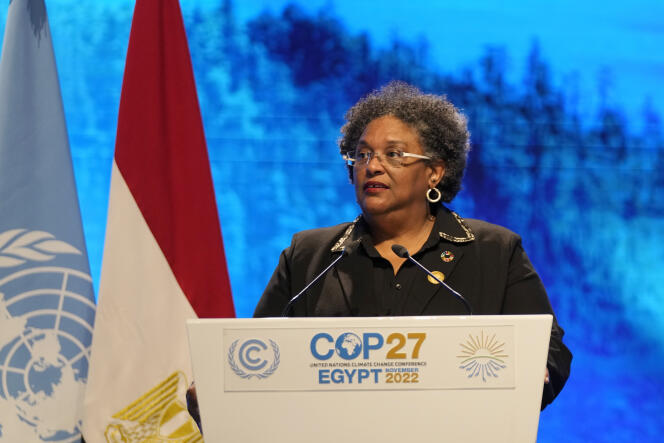 Mia Mottley, première ministre de la Barbade, s’exprime lors de la COP27, à Charm El-Cheikh, en Égypte, le 8 novembre 2022.
