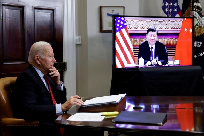 Joe Biden durante una entrevista por videoconferencia con el líder chino Xi Jinping desde la Casa Blanca el 15 de noviembre de 2021. 