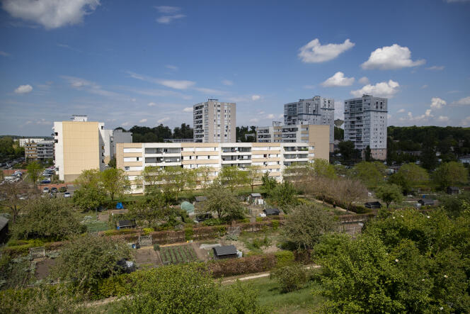 Les jardins communaux du parc de Sautour à côté des immeubles d’habitation « Les Musiciens », aux Mureaux (Yvelines), le 27 avril 2020.