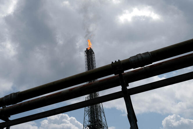 Une torchère dans une usine de traitement de GNL exploitée notamment par Shell à Bonny Island, au Nigeria, en juin 2017.