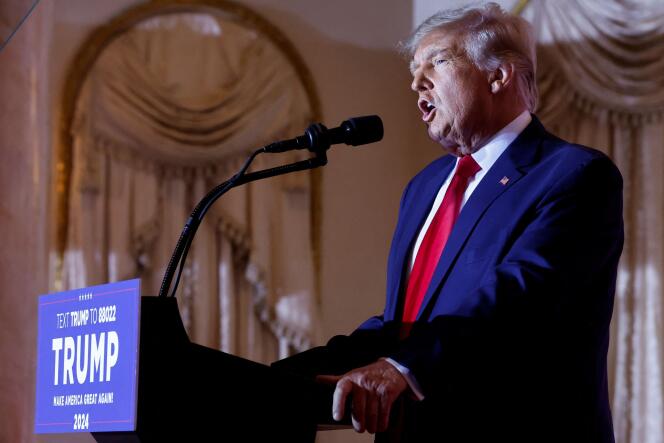De voormalige Amerikaanse president Donald Trump, dinsdag 15 november, in Mar-a-Lago in Palm Beach, Florida.