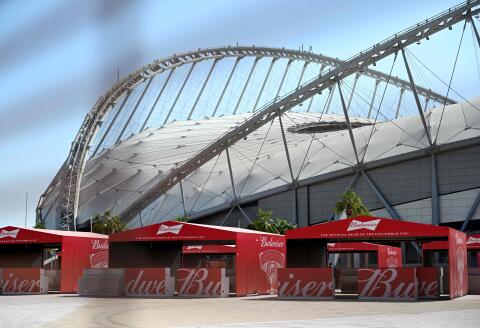 Budweiser beer kiosks are pictured at the Khalifa International Stadium in Doha on November 18, 2022, ahead of the Qatar 2022 World Cup football tournament. The sale of alcohol in Qatar is strictly regulated. (Photo by MIGUEL MEDINA / AFP)