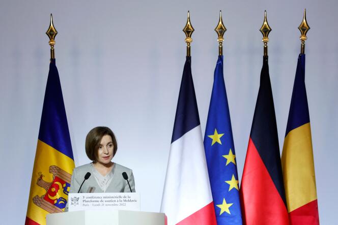 Il presidente moldavo Maia Sandu alla Conferenza internazionale a sostegno della Moldavia a Parigi il 21 novembre 2022. 