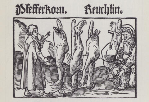 7149311 Sadism, from a pamphlet of German Catholic theologian Johannes Pfefferkorn against his rival, the humanist Johann Reuchlin (woodcut) by German School, (16th century) (after); Private Collection; (add.info.: Sadism, from a pamphlet of German Catholic theologian Johannes Pfefferkorn against his rival, the humanist Johann Reuchlin. Illustration from Sitten-Geschichte Europas, by Dr Paul Englisch (Gustav Kiepenheuer Verlag, Berlin, and Phaido-Verlag, Vienna, 1931).); © Look and Learn.
