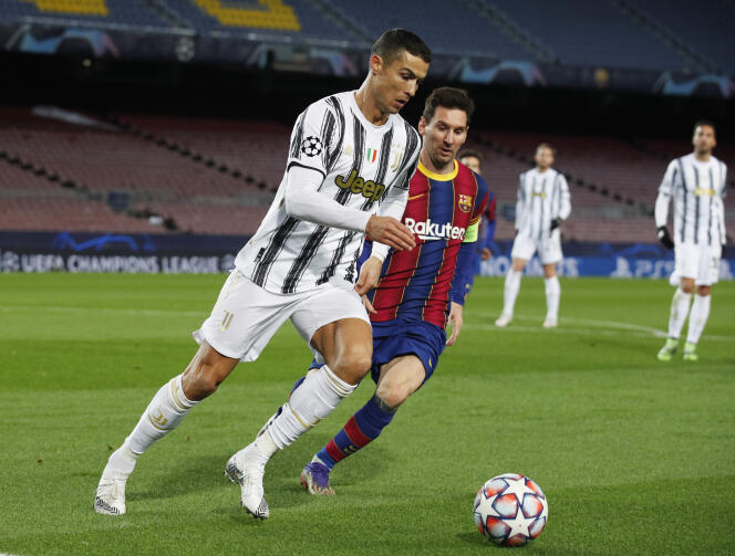 Cristiano Ronaldo and Lionel Messi face off in the Champions League on December 8, 2020 in Barcelona.