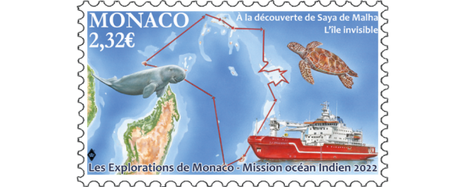 “Monaco Explorations.  Indian Ocean Mission 2022”.  Drawing by Maris-Christine Lemayeur and Bernard Alunni.  Circulation: 40,000. This mission related to a multidisciplinary study on the route Mauritius, Reunion, Aldabra and the Seychelles, Saya de Malha, St-Brandon and again Mauritius.
