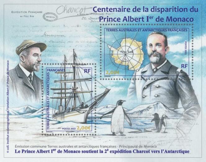 Block of the TAAF from the joint issue with Monaco which honors the centenary of the disappearance of Prince Albert I.  The latter supported the second French expedition to Antarctica (1908-1910) led by Commander Charcot aboard his ship “Le Pourquoi pas?  