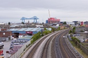 A view of Middlesbrough and its famous blue steel ferry bridge on November 18, 2022.