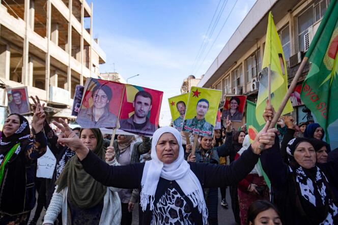Syrian Kurds protest in Qamechli on November 27, 2022.
