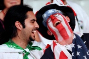 Supporters of the two countries before the Iran-USA match in Lyon on June 21, 1998, during the 1998 World Cup in France.