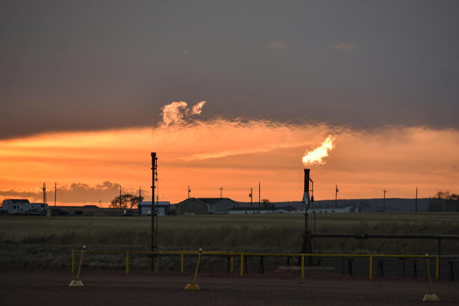 Methane produced from oil development on the Fort Berthold Indian Reservation east of New Town, North Dakota, May 18, 2021.