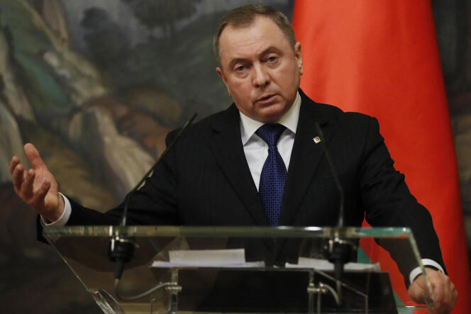 Belarusian Foreign Minister Vladimir Makei speaks during a joint press conference with his Russian counterpart in Moscow on November 10, 2021. 
