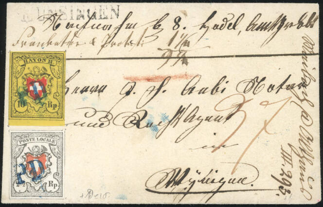 Rare lettre de Suisse, poste locale de 1851 : 140 000 euros.