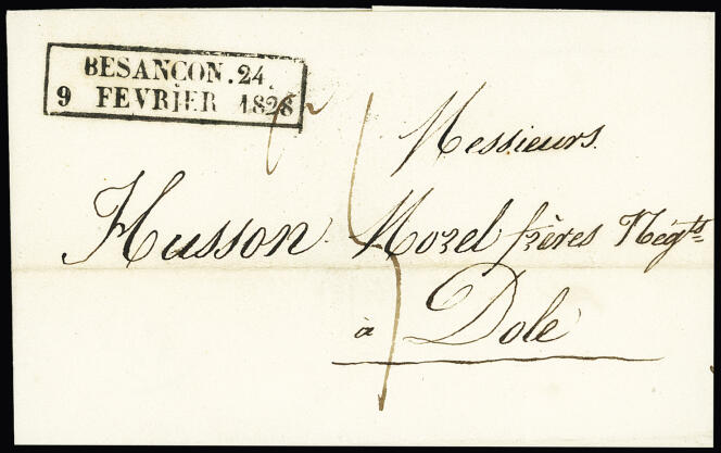 Cachet d’essai de février 1828, ici de Besançon, une pièce « classique » de marcophilie, avant l’apparition du timbre en France le 1er janvier 1849.