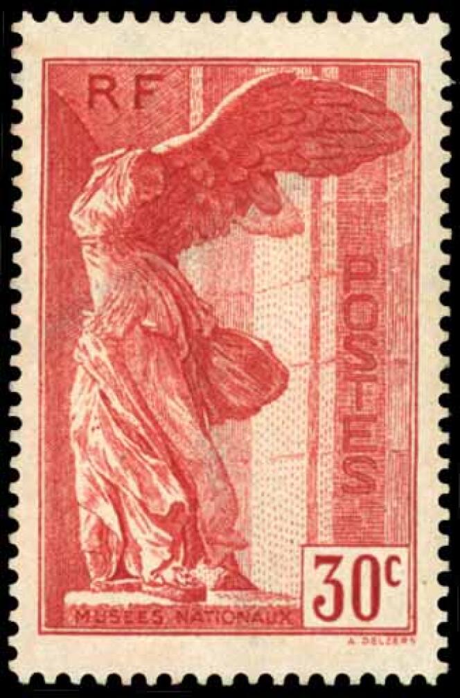 « Victoire de Samothrace », 30 centimes, erreur de couleur du timbre imprimé en rouge au lieu de vert : 120 000 euros.