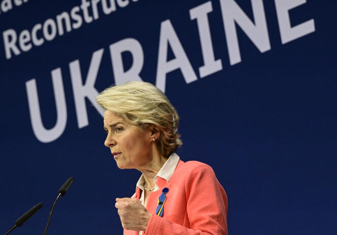 La présidente de la Commission européenne Ursula von der Leyen lors de la Conférence internationale d’experts sur le redressement, la reconstruction et la modernisation de l’Ukraine, à Berlin, en Allemagne, le 25 octobre 2022.