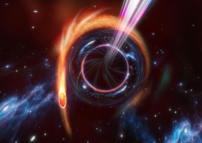 Cette vue d’artiste montre une étoile (en forme de ballon de rugby orange) dont une partie de la matière est arrachée par l’attraction du trou noir central.