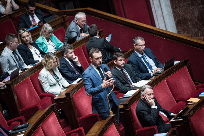 The deputy of the Les Républicains de l'Aisne party, Julien Dive, speaks at the National Assembly, in Paris, on July 21, 2022.