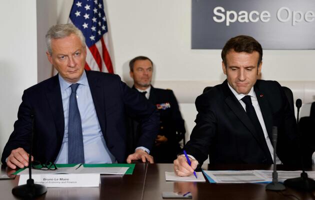 Minister of the Economy and Finance Bruno Le Maire and French President Emmanuel Macron attend a meeting with US Vice President Kamala Harris, not pictured, on French-US cooperation in Space, at NASA headquarters