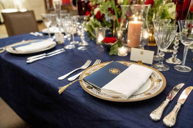 A table is set during a media preview for the State Dinner with President Joe Biden and French President Emmanuel Macron in the State Dining Room of the White House in Washington.