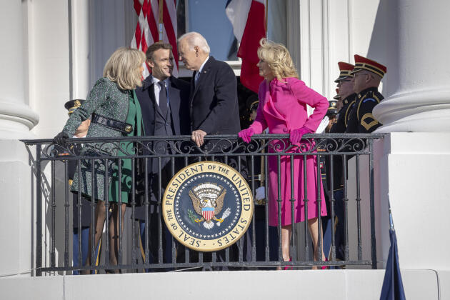 US President Joe Biden and First Lady Jill Biden welcome French President Emmanuel Macron and his wife Brigitte Macron to the White House on December 1.