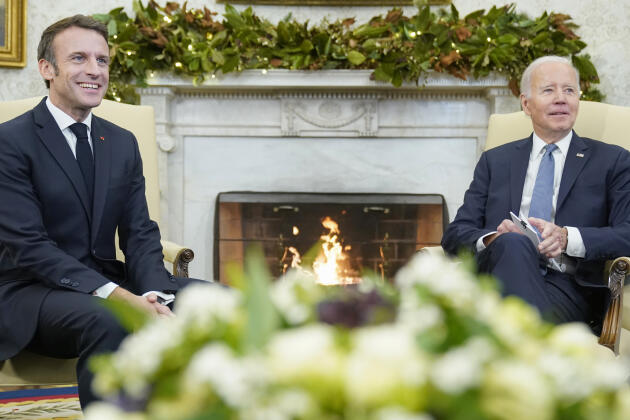 President Joe Biden meets with French President Emmanuel Macron in the Oval Office.