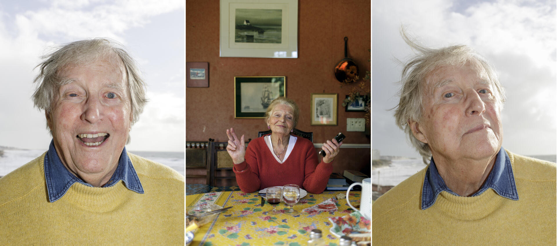 A gauche et à droite : Antoine Mongenie, 90 ans, chez lui, aux Sables-d’Olonne (Vendée), le 21 novembre 2022. Au milieu : Marie-Thérèse Jestin, dans sa maison d’Etables-sur-Mer (Côtes-d’Armor), le 18 novembre 2022.