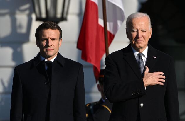US President Joe Biden and French President Emmanuel Macron take part in a welcoming ceremony for Macron to the White House.