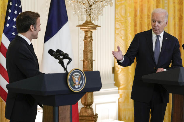President Joe Biden speaks during a news conference with French President Emmanuel Macron in the East Room of the White House on Décember 1.