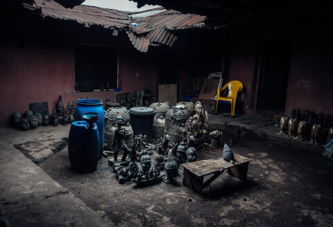 A collection of sculptures stored within the Aigbe Foundry at Igun Street, Benin, Nigeria on Tuesday 27, September 2022. Aigbe Foundry is owned and run by Monday Aigbe. The foundry is a family business and it is a popular place for bronze castings amongst sculptors in Benin city, Nigeria.