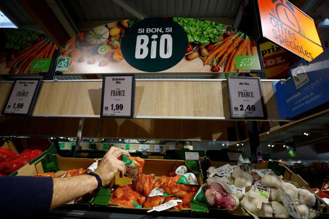 Stand de produits issus de l’agriculture biologique dans un supermarché Lidl à Nice, le 2 décembre 2022.