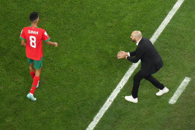 Azzedine Ounahi applaudi par son sélectionneur Walid Regragui, après un énième effort, lors du huitième de finale du Mondial 2022 remporté face à l’Espagne, au stade Education City d’Al-Rayyan, le 6 décembre.