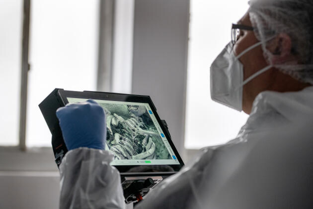 Un membre de l’Institut médico-légal du CHU de Toulouse observe des ossements en fluorescence sous ultraviolets, le 9 décembre 2022.
