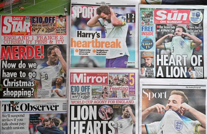 La derrota de Inglaterra en los cuartos de final del Mundial de Qatar fue portada de todos los diarios británicos.  (Foto Justin TALLIS / AFP)