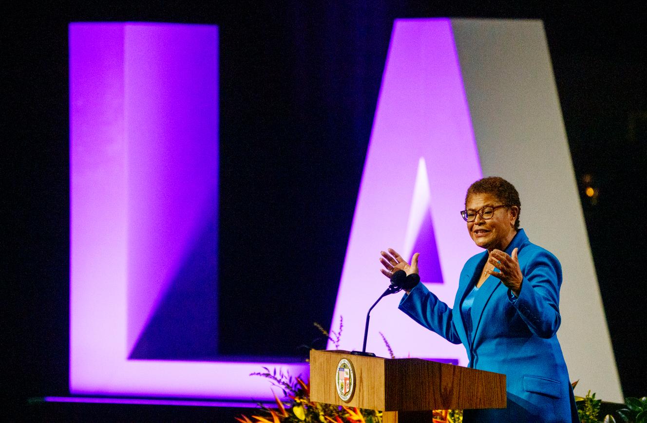 New Los Angeles Mayor Karen Bass during her inaugural address on December 11, 2022.