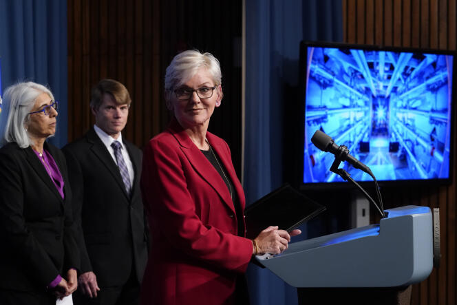 Secretary of Energy Jennifer Granholm joined from left by Arati Prabhakar, the president's science adviser, and National Nuclear Security Administration Deputy Administrator for Defense Programs Marvin Adams, discusses a major scientific breakthrough in fusion research that was made at the lab in California.
