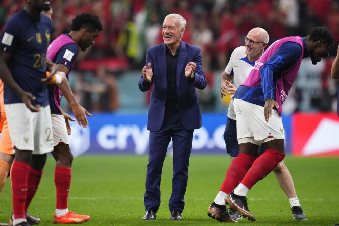     Didier Deschamps celebrates the Blues' victory during the FIFA World Cup semi-final at Al Beit Stadium in Al Khor, Qatar, December 14, 2022. 