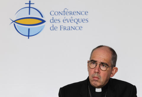 Bishop of Nanterre Matthieu Rougé attends a press conference, at the end of the last day of the "Conference des Eveques de France" (Bishops' Conference of France - CEF), in Lourdes, south-western France, on November 8, 2022. - France's Catholic church revealed on November 7, 2022 that 11 former or serving French bishops have been accused of sexual violence or failing to report abuse cases, including a cardinal who confessed to assaulting a girl decades ago. (Photo by Charly TRIBALLEAU / AFP)