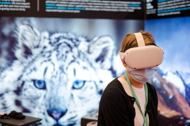 Un membre de l’Unesco profite d’une expérience immersive pour voir un léopard des neiges à la conférence des Nations unies sur la biodiversité (COP15), à Montréal (Canada), le 15 décembre 2022.