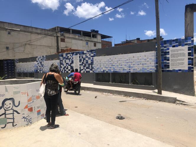 The 'azulejos' panels of the Memorial to the Victims of Armed Violence in the Maré favela complex in Rio de Janeiro.
