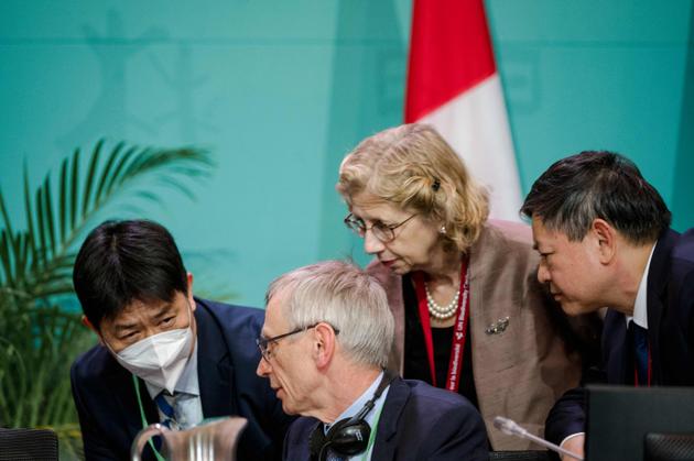 David Cooper, secrétaire exécutif adjoint de la Convention sur la diversité biologique des Nations unies (second en partant de la gauche), le ministre chinois de l’écologie et de l’environnement Huang Runqiu (à droite) et Inger Andersen, directrice exécutive du programme des Nations Unies pour l’environnement, lors de la COP15, à Montréal, le 19 décembre 2022.