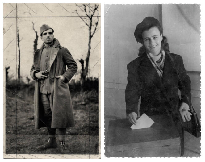Photographies non datées de Missak, en tenue de soldat lors d’une permission, et de Mélinée Manouchian, en train de voter.