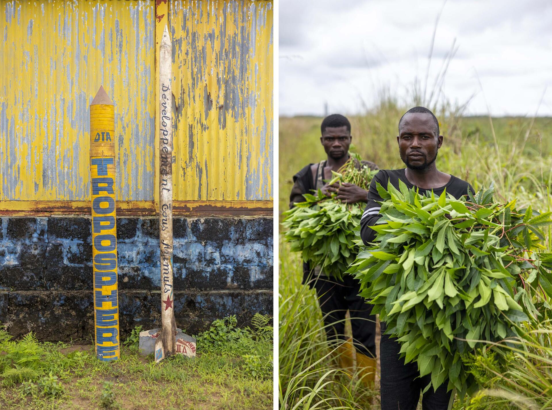 A Menkao (RDC), le 6 novembre 2022, deux fusées Troposphère (à gauche) sur le site de lancement où un technicien et le gardien du centre (à droite) cultivent également du manioc pour assurer une sécurité alimentaire à leur famille.