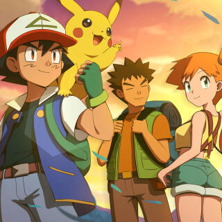 Pokémon Nintendo. Illustration of the Pokémon series with Sacha and Pikachu